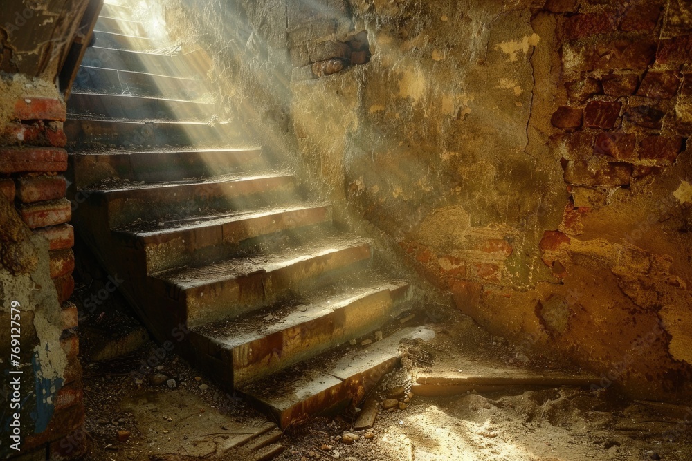 Exploring the Old Muddy Cellar: A Sunbeam Illuminates the Staircase with Textured Walls - obrazy, fototapety, plakaty 