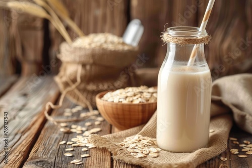Delicious Oat Milk - The Perfect Non-Dairy Alternative Beverage for Your Vegan Diet, Served with a Straw and Ideal for Breakfast in a Bottle