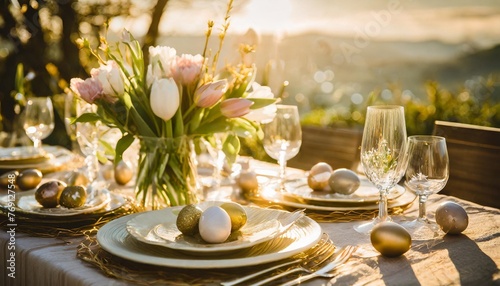 beautiful easter table setting with flowers and easter eggs
