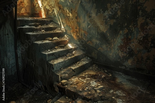 Exploring the Old Muddy Cellar with Sunbeams Peeking Through the Staircase - Texture of the Room and Stair Steps Adds to the Atmosphere