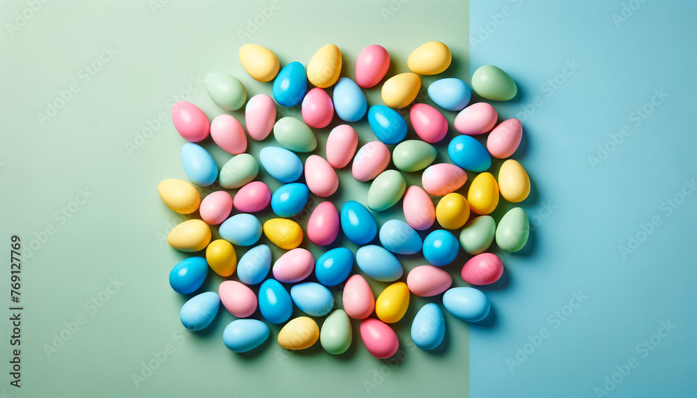 Multicolored Candy Eggs Encircle a Warm Beige Backdrop Multicolored Candy Eggs Encircle a Warm Beige Backdrop