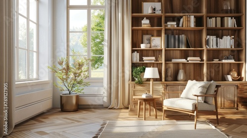 Front view of bright living room interior with three blank white posters in a row, and aesthetic