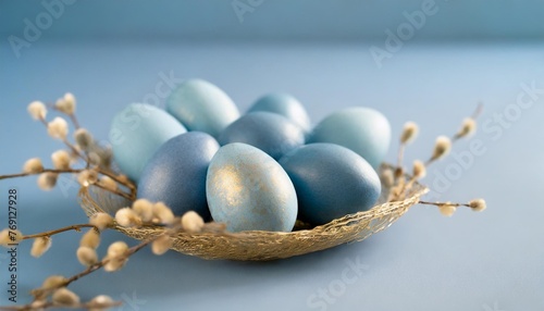 coloured blue eggs blue easter eggs easter eggs on blue background with copy space for text
