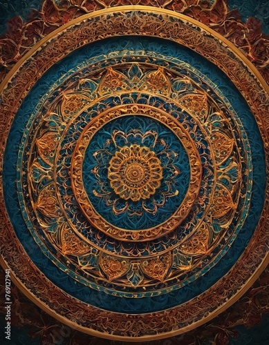 This layered blue and gold mandala boasts an intricate design with a sense of depth, ideal for stock imagery with a focus on art and spirituality.