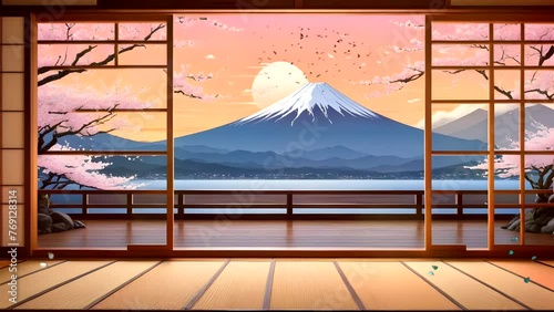 Japanese-inspired living room: Mount Fuji and Cherry Blossom. Seamless looping 4k time-lapse video animation background photo