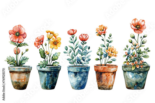 A colorful painting featuring four pots filled with a variety of blooming flowers, showcasing natures beauty and splendor