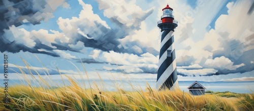 Scenic artwork featuring a solitary lighthouse surrounded by a vast field with a dramatic cloudy sky overhead © pngking