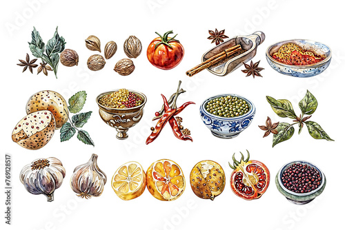 An artistic depiction of a variety of colorful fruits and vegetables arranged on a white background, creating a beautiful and harmonious composition