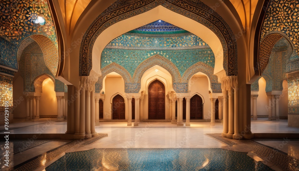 A serene and majestic view inside a mosque, with arches, ornate tiles, and tranquil reflecting pool contributing to a sacred ambiance