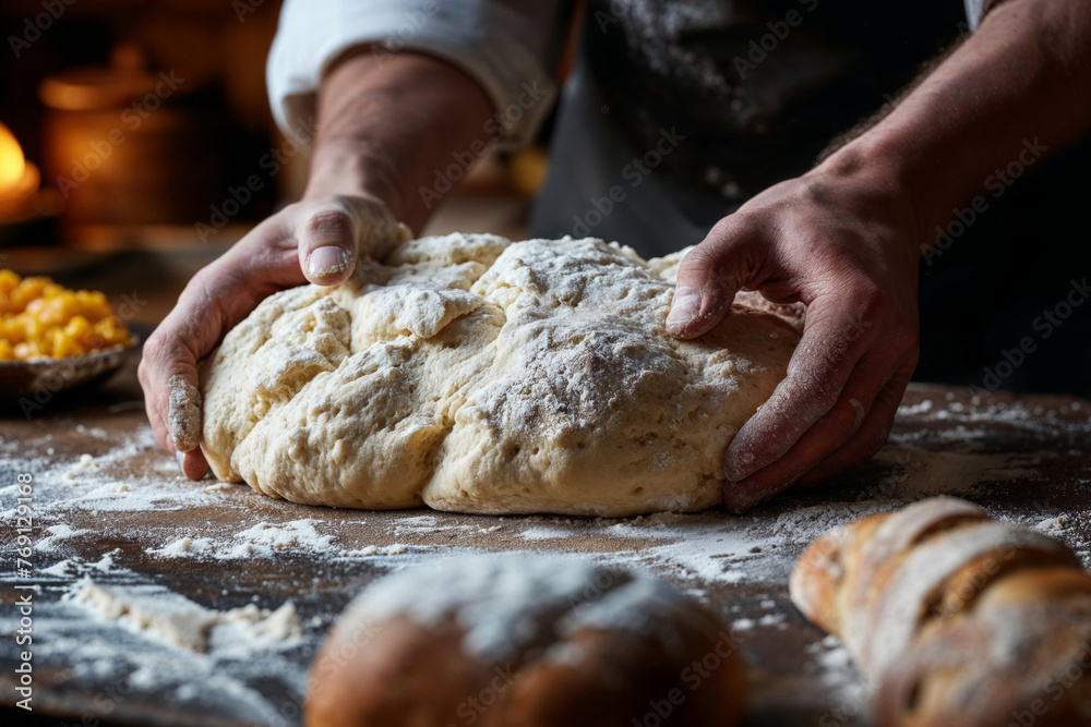 Artisan Baker Kneading Dough on Wooden Counter Artisan Baker Kneading Dough on Wooden Counter