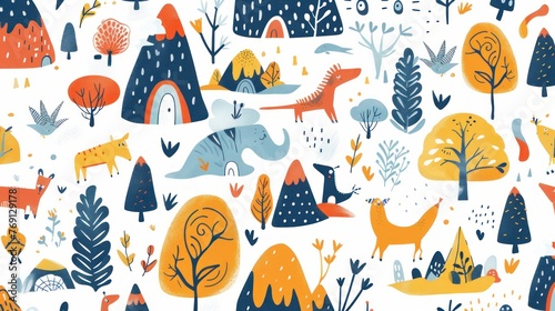 A vibrant and playful pattern featuring elements popular in children's designs