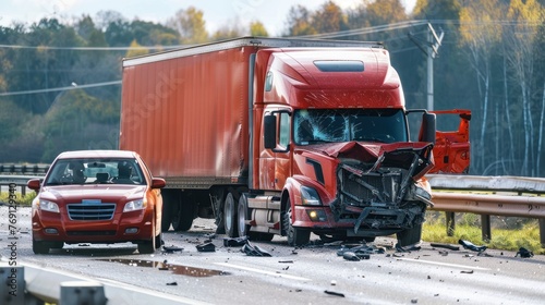 the moment of collision between a semi truck with a box trailer and a passenger car photo