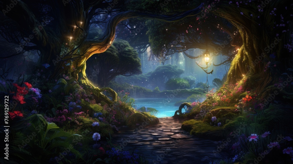 Enchanted forest pathway with glowing lanterns and lush flora. Fantasy world setting.