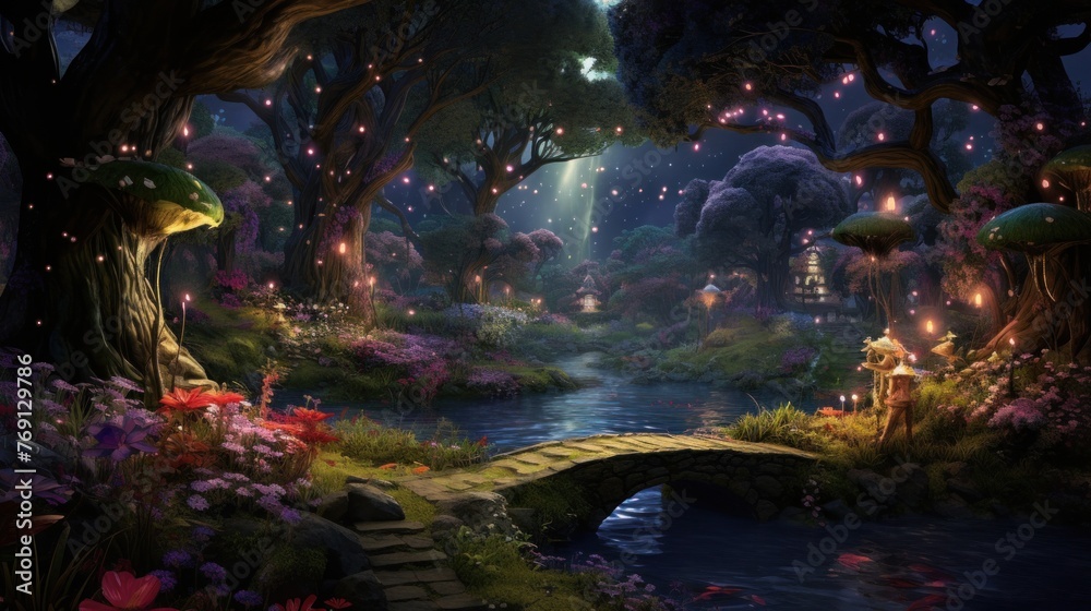 Enchanted forest scene with magical mushrooms and fairy tale bridge. Fantasy landscape.