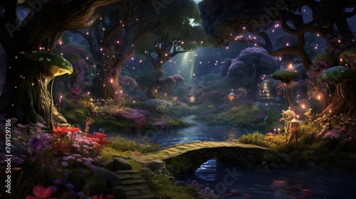 Enchanted forest scene with magical mushrooms and fairy tale bridge. Fantasy landscape. © Postproduction