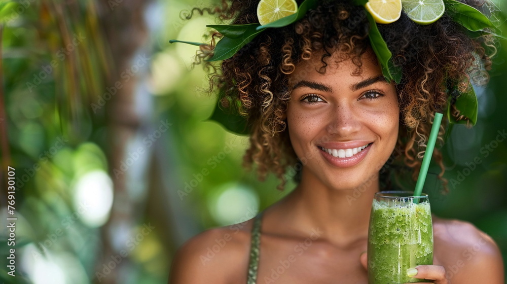 Woman enjoying a refreshing green smoothie packed with leafy greens and fruits for a healthy, glowing complexion - mature skin care - obrazy, fototapety, plakaty 