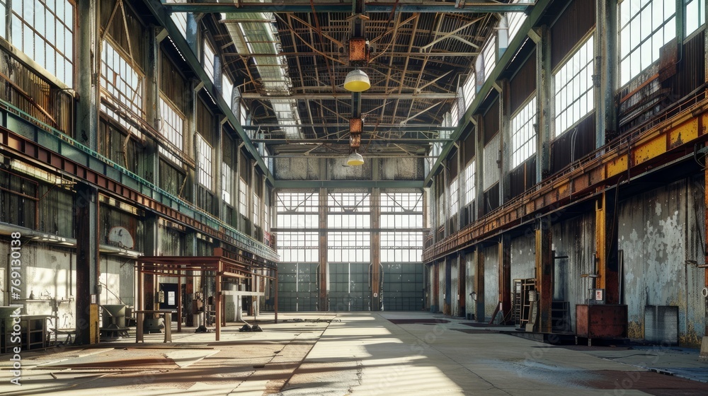 A spacious interior of a large factory workshop