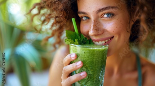 Woman enjoying a refreshing green smoothie packed with leafy greens and fruits for a healthy, glowing complexion - mature skin care