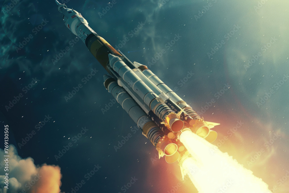 Fototapeta premium A launch tower stands tall as a spacecraft carrying humans lifts off with a rocket.
