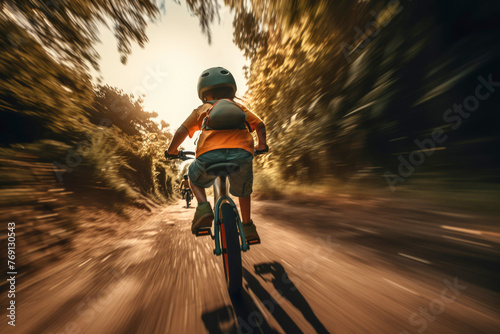 A young boy gripping his bicycle's brakes tightly as he navigates a steep downhill, his helmeted head filled with fear of the speed and danger.
