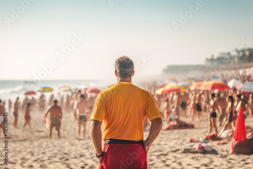 A vigilant lifeguard keeping watch over the beach, ready to spring into action at a moment's notice to ensure the safety of swimmers.