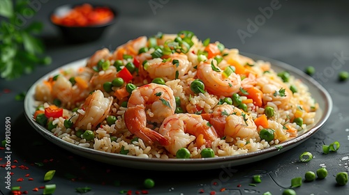 Plate with tasty fried rice and shrimps on table, closeup