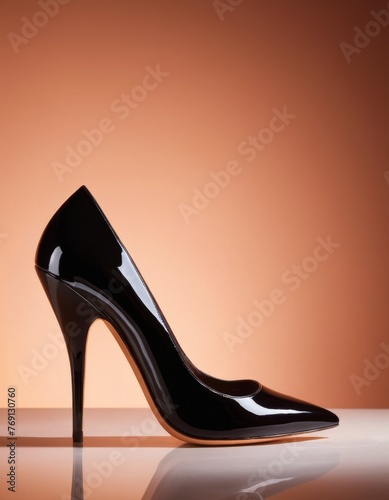 The sheer elegance of black patent stilettos is captured in this image, reflecting light on a minimalist backdrop, evoking a sense of luxury and fashion.
