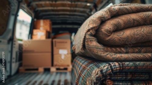 A glimpse inside a removal van, featuring neatly stacked fabric blankets