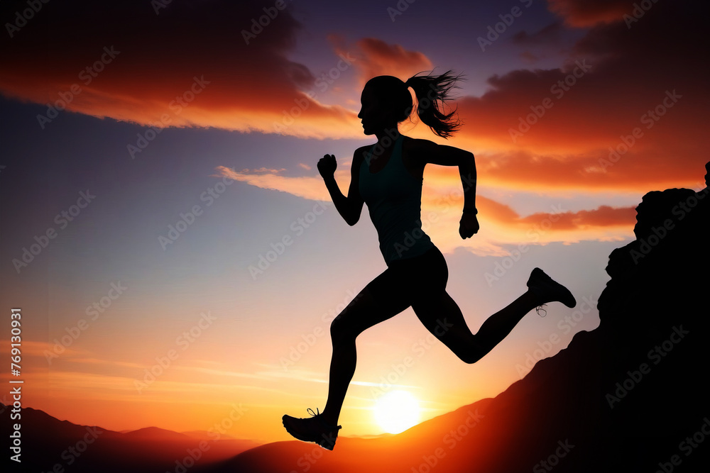 Silhouette of woman running in the mountains at sunset. Healthy lifestyle concept, poster, banner, copy space.