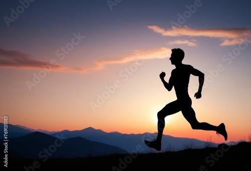 Silhouette of a man running in the mountains at sunset. Healthy lifestyle concept  poster  banner  copy space.