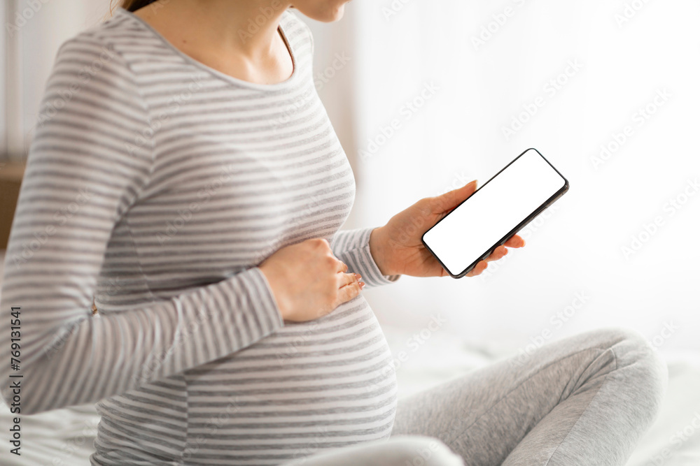 Pregnant lady with smartphone showcasing blank screen Pregnant lady with smartphone showcasing blank screen