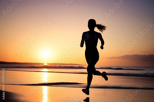 Silhouette of woman running on the beach at sunset. Healthy lifestyle concept  poster  banner  copy space.