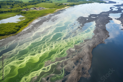 Poisonous liquid dump: An environmental disaster captured from above, illustrating the vivid colors and abstract patterns formed by chemical contamination.