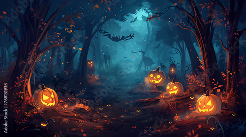 Background for Halloween. Dark mysterious forest with pumpkins on a spooky night. Generative Ai