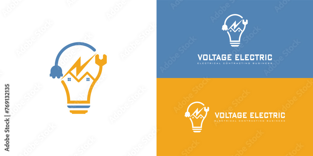 An illustration of a smart bulb lamp with the plug-in, wrench, and silhouette home in orange-yellow, and blue color isolated on multiple backgrounds. The logo is applied to the electrical service logo