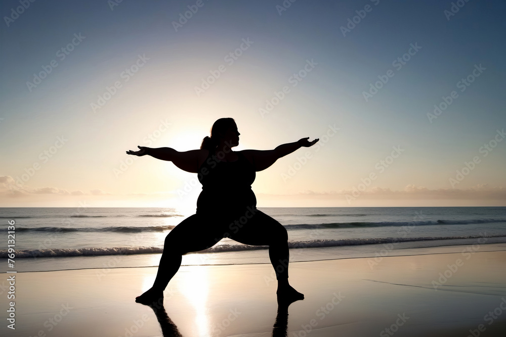 Silhouette of a overweight woman practicing yoga on the beach at sunset. Healthy lifestyle concept, poster, banner, copy space.