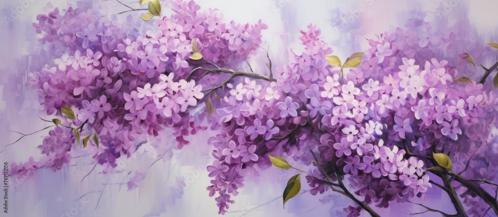 Vibrant and artistic painting featuring a purple tree adorned with lush leaves and delicate flowers on a clean white background Vibrant and artistic painting featuring a purple tree adorned with lush leaves and delicate flowers on a clean white background