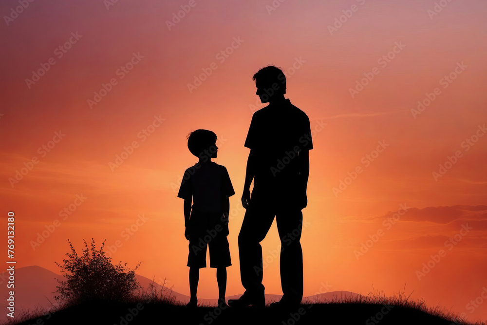 Silhouette man and child walking outdoors, Father's Day concept, relationship with child, congratulations, poster, banner, copy space.
