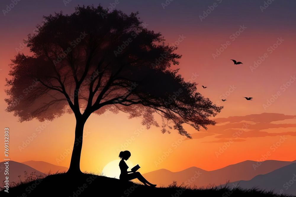Silhouette of a girl reading a book outdoors at sunset. Concept Book Day, poster, copy space. Silhouette of a girl reading a book outdoors at sunset. Concept Book Day, poster, copy space.