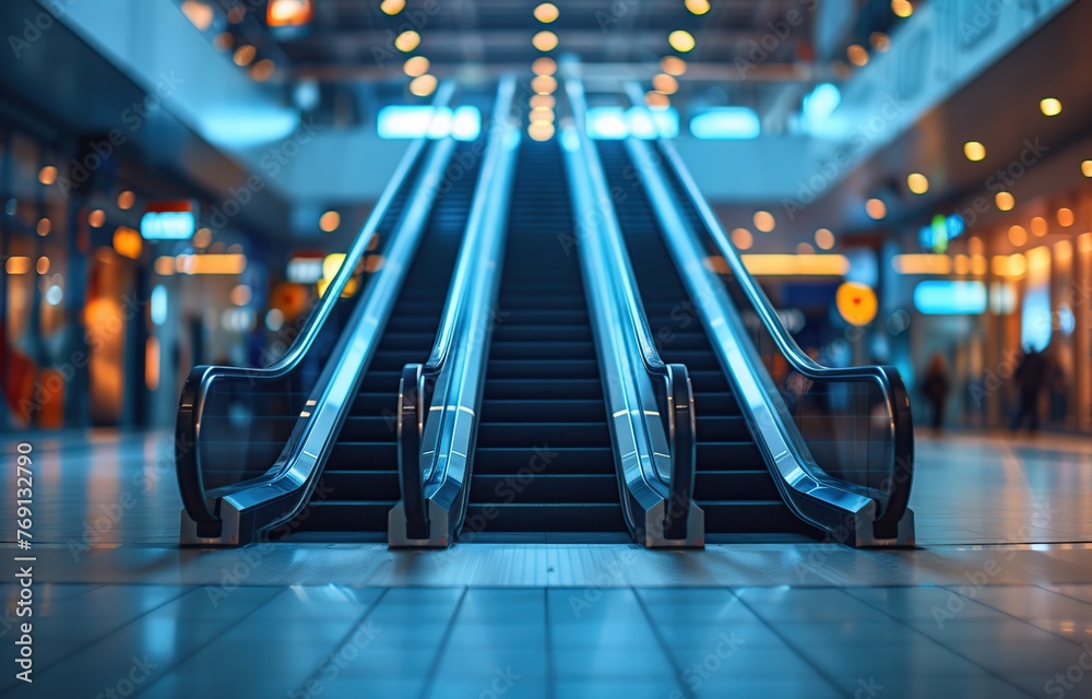 The modern escalators in shopping malls, a means to make it easier for visitors to go up and down, Mechanical escalators for people up and down in a shopping mall