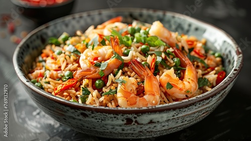 Plate with tasty fried rice and shrimps on table, closeup