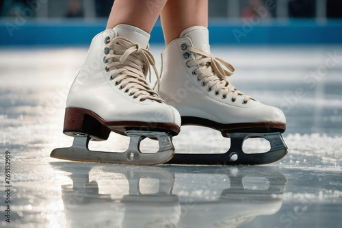Close-up of white women's skates on a blue clean mirror skating rink. Woman is skating on ice with their skates on