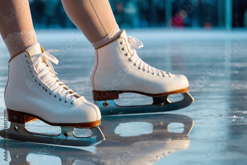 Close-up of white women's skates on a blue clean mirror skating rink. A woman is skating on ice with their skates on