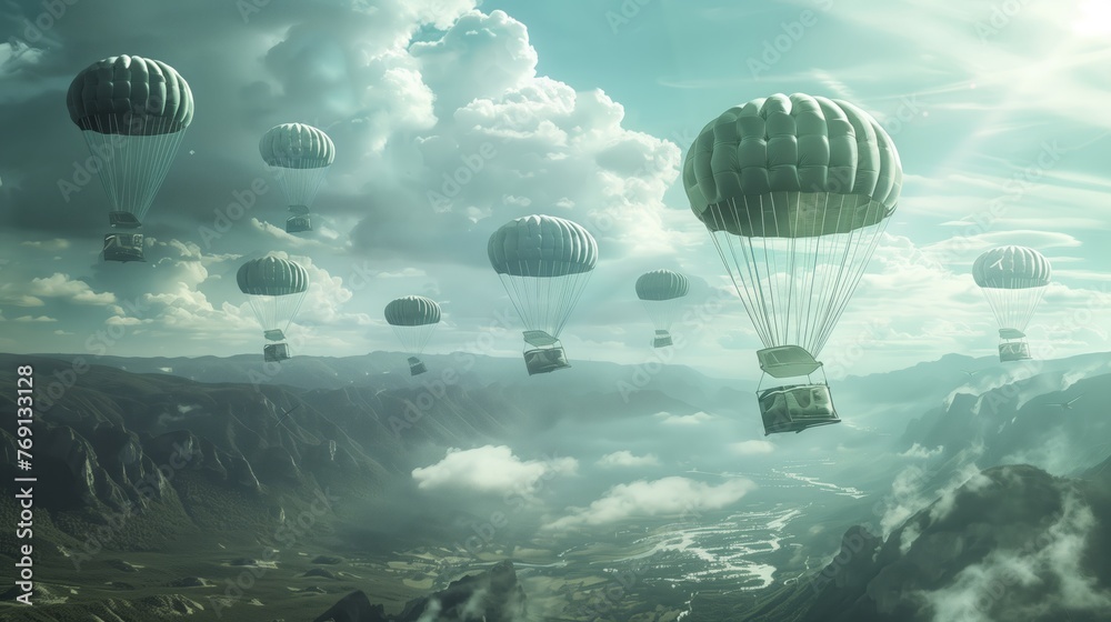 Airdrop operation delivering humanitarian or military supplies from aircraft via parachutes, with cargo landing to ground. Logistical operation aiding those in need or supporting military missions. - obrazy, fototapety, plakaty 