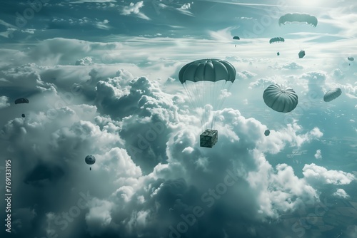 Airdrop operation delivering humanitarian or military supplies from aircraft via parachutes, with cargo landing to ground. Logistical operation aiding those in need or supporting military missions. photo