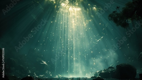 an underwater scene with sunlight streaming through the water and stars in the sky above the water and rocks below the water.