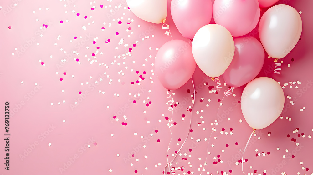 Pink and white balloons composition background - Celebration design banner