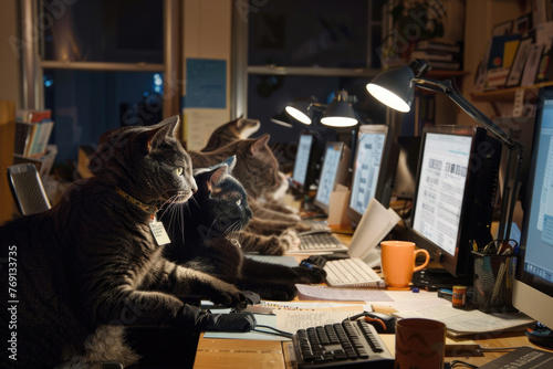A cat in an office setting, surrounded by files and books, exhibiting anthropomorphic traits.

