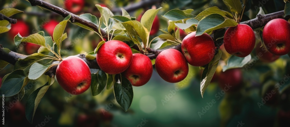 Fototapeta premium Ripe red apples clustered together and hanging from the branches of a tree in an orchard
