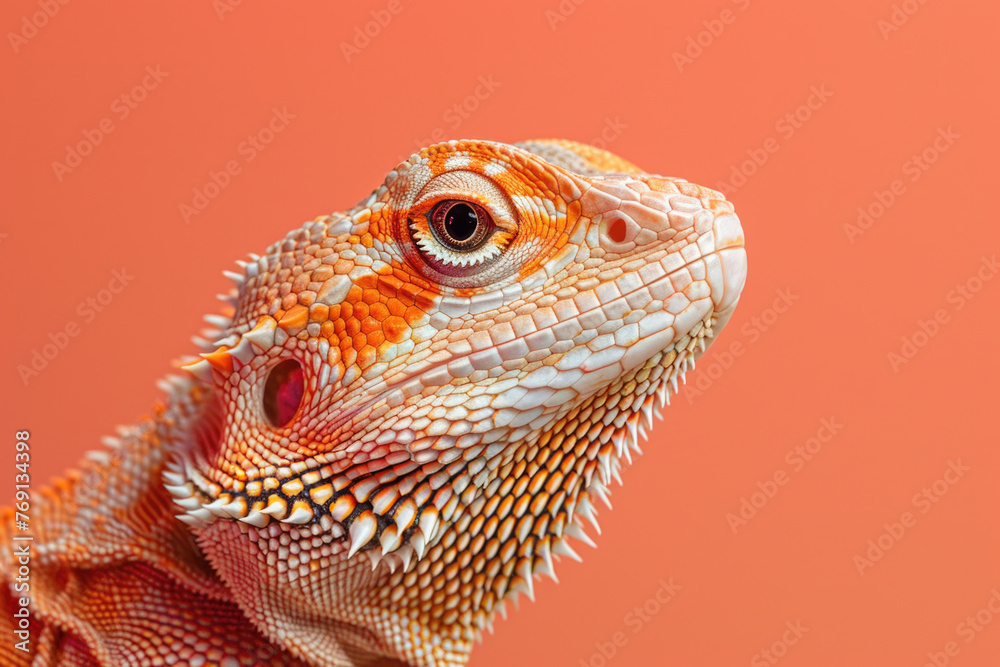 Obraz premium A purebred lizard poses for a portrait in a studio with a solid color background during a pet photoshoot.